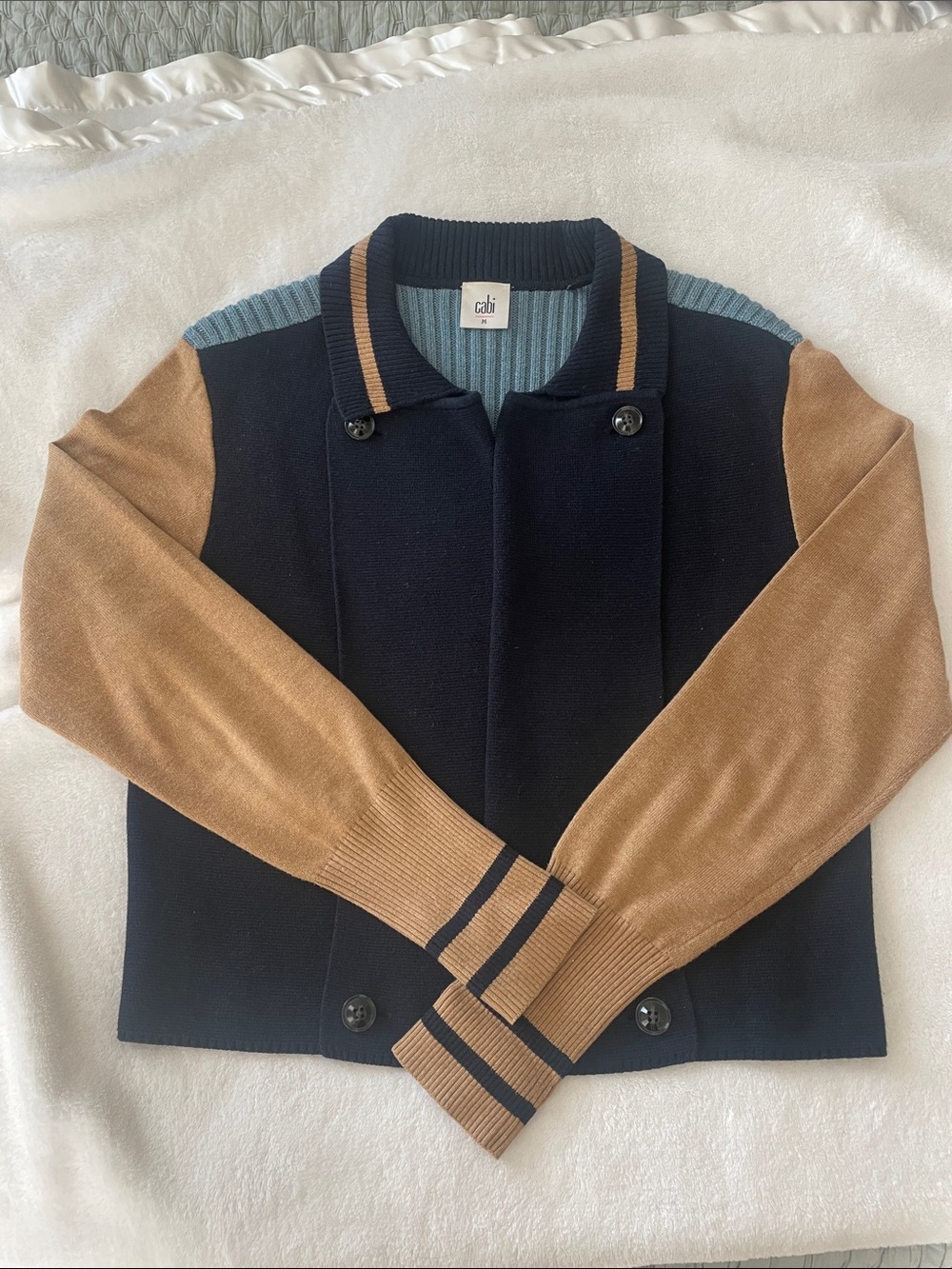CAbi turn back cropped Navy, Camel & Light Blue Varsity Knit sweater